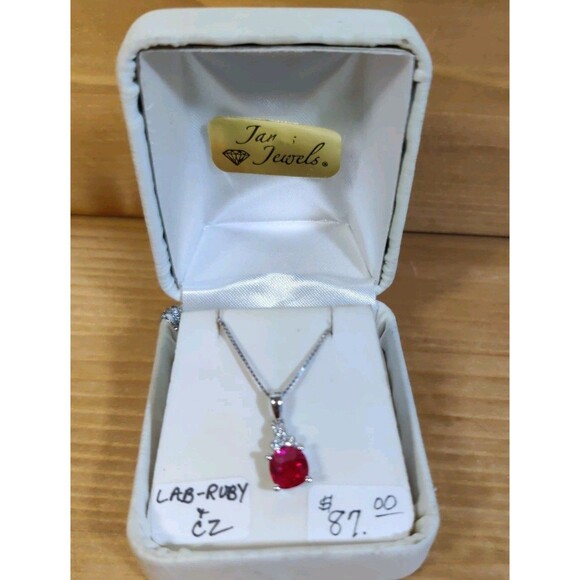 Vtg 925 Sterling Silver Ruby Lab-Created Pendant 18" Italy Chain W Box - Picture 1 of 7